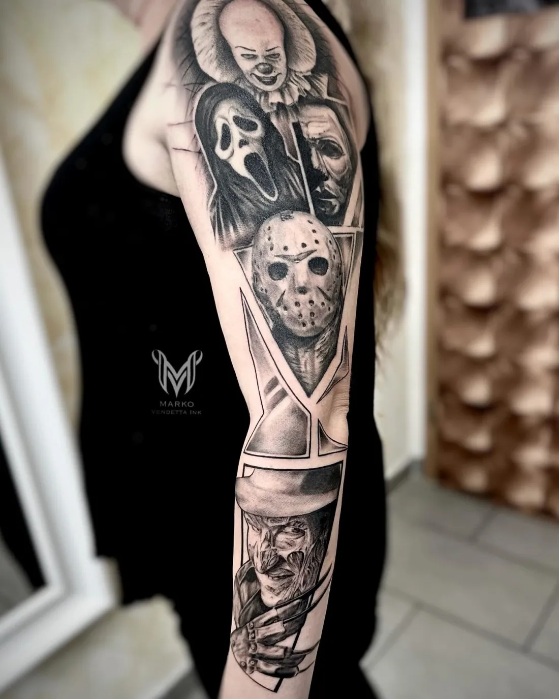 Horrorfilm-Sleeve mit Jason und Freddy — Realismus Tattoo von Marko